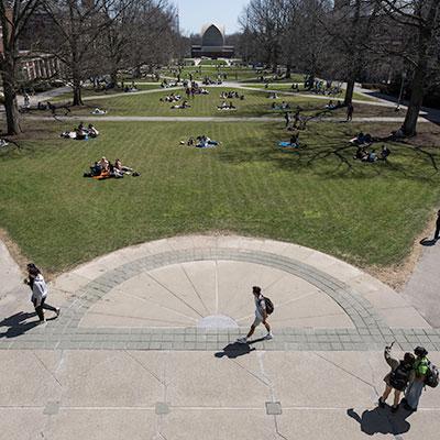 An aerial view of Eastman Quad on a sunny day.